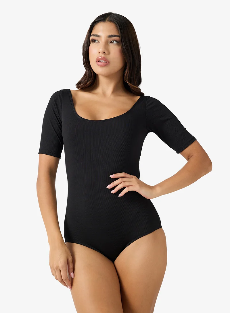 ELLA Solid Swimsuit With Mesh Insert Detail